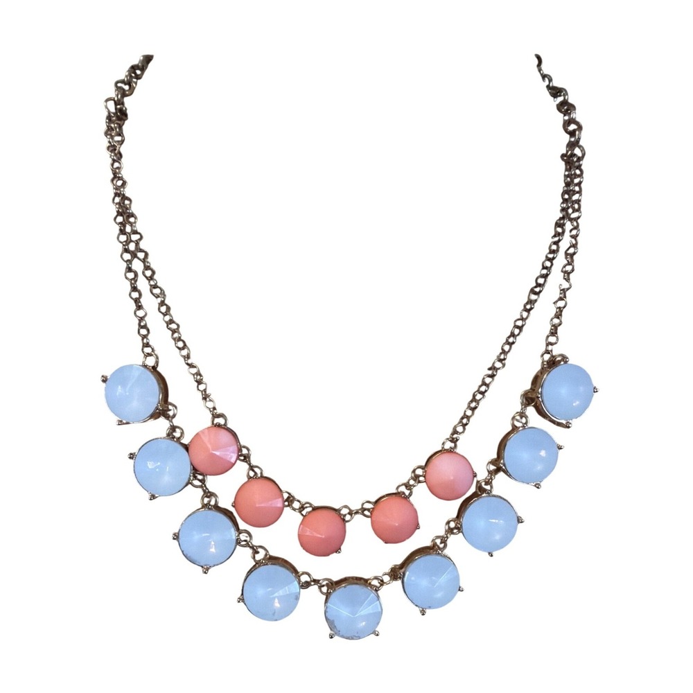 Peach and Light Blue Faceted Stone Double Layer Gold Tone Statement Bib Necklace
